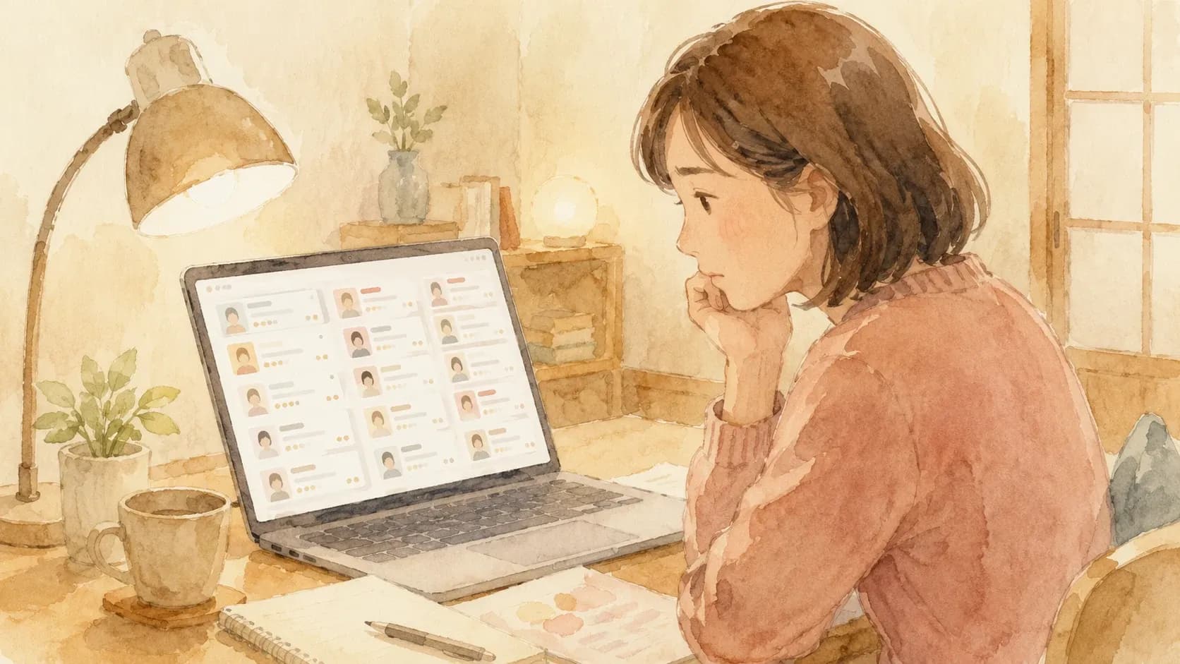 掲示板で多数の家庭教師候補を比較検討する保護者のイラスト